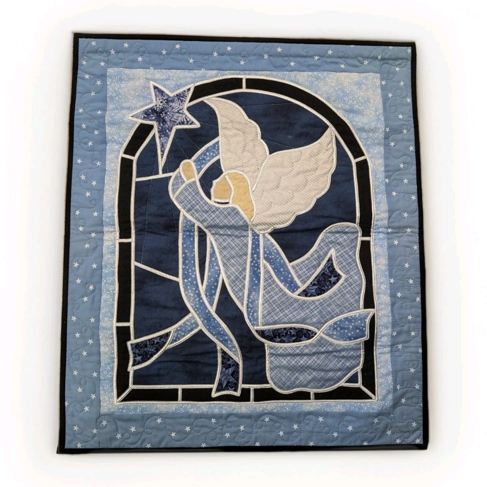 Handmade Quilt Angel Stars Stained Glass Christmas Celestial Wall Hanging 24X28"